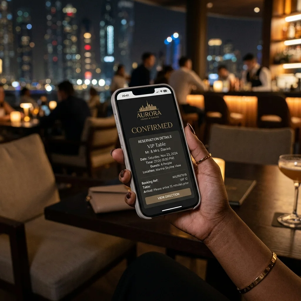 A close-up of a reservation confirmation for a Dubai nightclub on a smartphone screen.