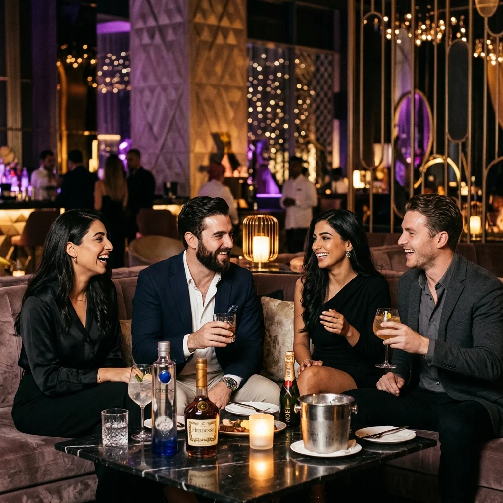 A group of stylishly dressed friends enjoying drinks and conversation at a luxurious lounge table in Dubai at night.
